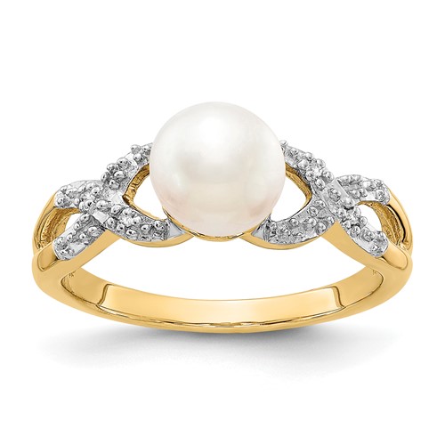 14K Yellow Gold 6-7mm Freshwater Cultured Pearl and Diamond -x- Ring
