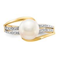 14K Yellow Gold 7-8mm White Freshwater Cultured Pearl and Diamond Ring view 5