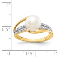 14K Yellow Gold 7-8mm White Freshwater Cultured Pearl and Diamond Ring view 3