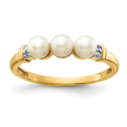 14K 4mm Yellow Gold White Freshwater Cultured 3-Pearl and Diamond Ring