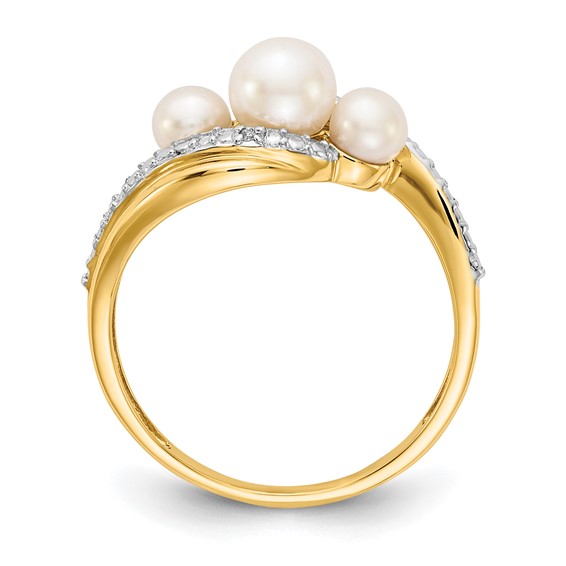 14k Diamond and White Freshwater Cultured 3-Pearl Bypass Ring