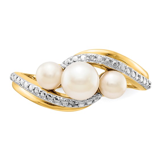 14k Diamond and White Freshwater Cultured 3-Pearl Bypass Ring