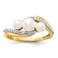 14K Yellow Gold Diamond and White Freshwater Cultured 3-Pearl Bypass Ring view 1