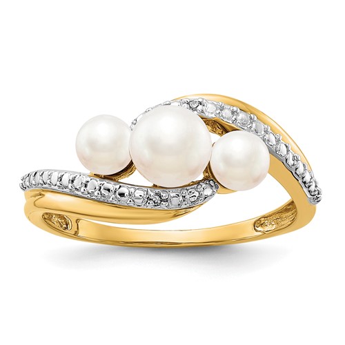 14K Yellow Gold Diamond and White Freshwater Cultured 3-Pearl Bypass Ring