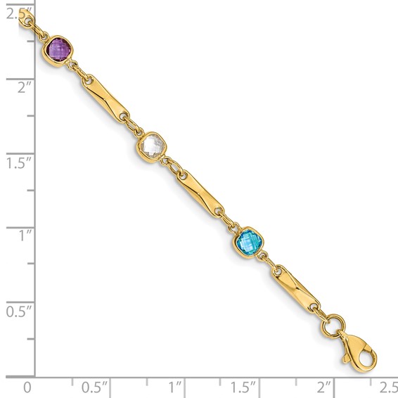 14K Complete Cushion-cut Sky Blue Topaz/White Quartz/Smoky Quartz/Amethyst/Citrine Fancy Link 7 inch Rainbow Bracelet