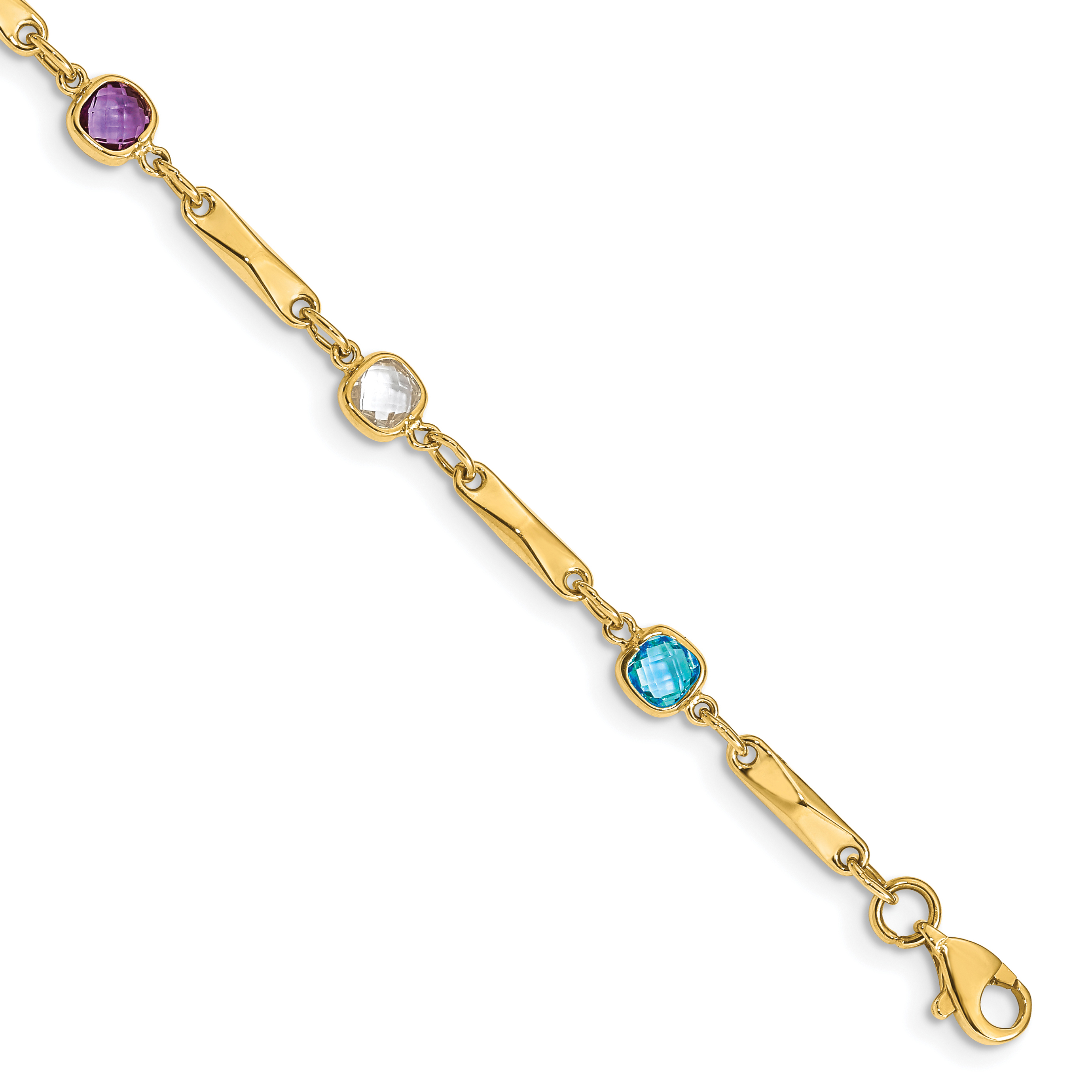 14K Complete Cushion-cut Sky Blue Topaz/White Quartz/Smoky Quartz/Amethyst/Citrine Fancy Link 7 inch Rainbow Bracelet (Y12739RB)