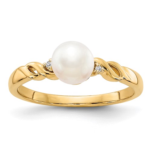 14K 6mm Yellow Gold White Freshwater Cultured Pearl and Diamond Twist Ring