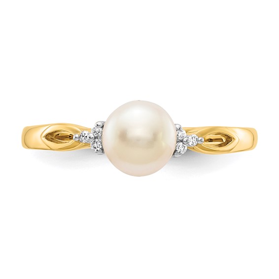 14k 6mm White Freshwater Cultured Pearl and Diamond Ring