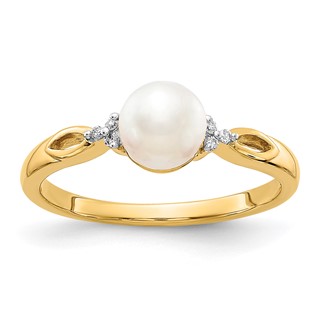 14k 6mm White Freshwater Cultured Pearl and Diamond Ring