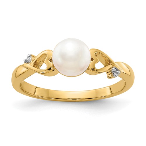 14K Yellow Gold White Freshwater Cultured Pearl and Diamond Heart Ring