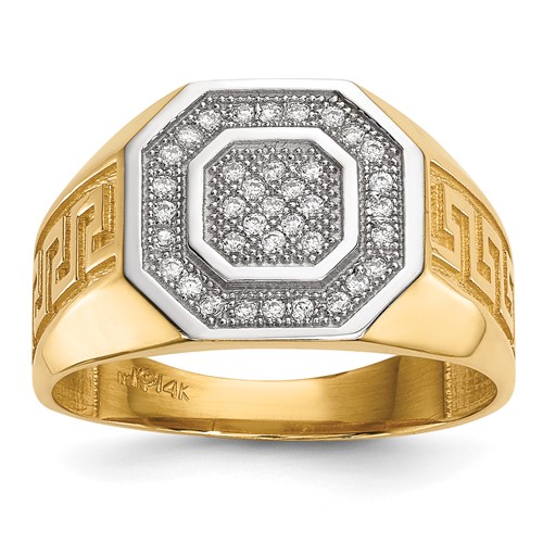IB Goodman 14K and White Rhodium Micro Pave CZ Octagon and Greek Key Shank Mens Ring