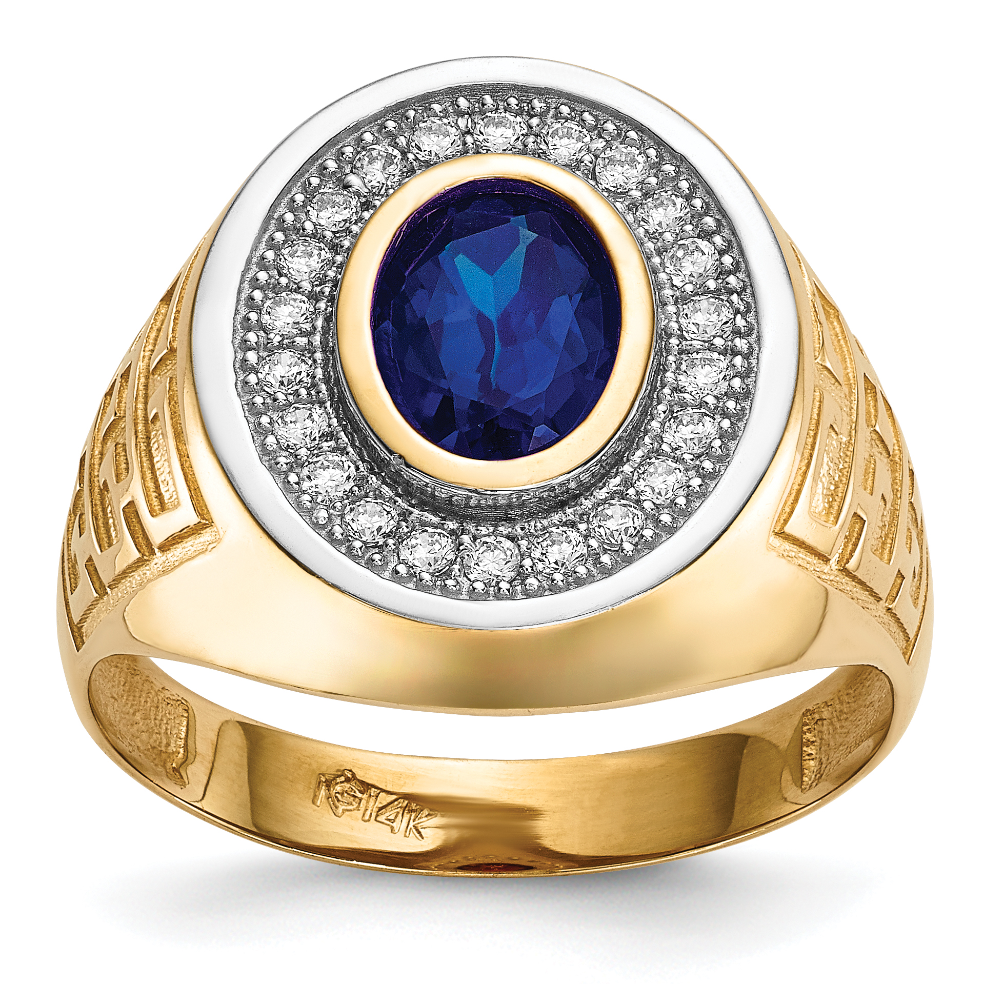 14k w/ Rhodium CZ & Oval Blue CZ Mens Ring (Y13803)