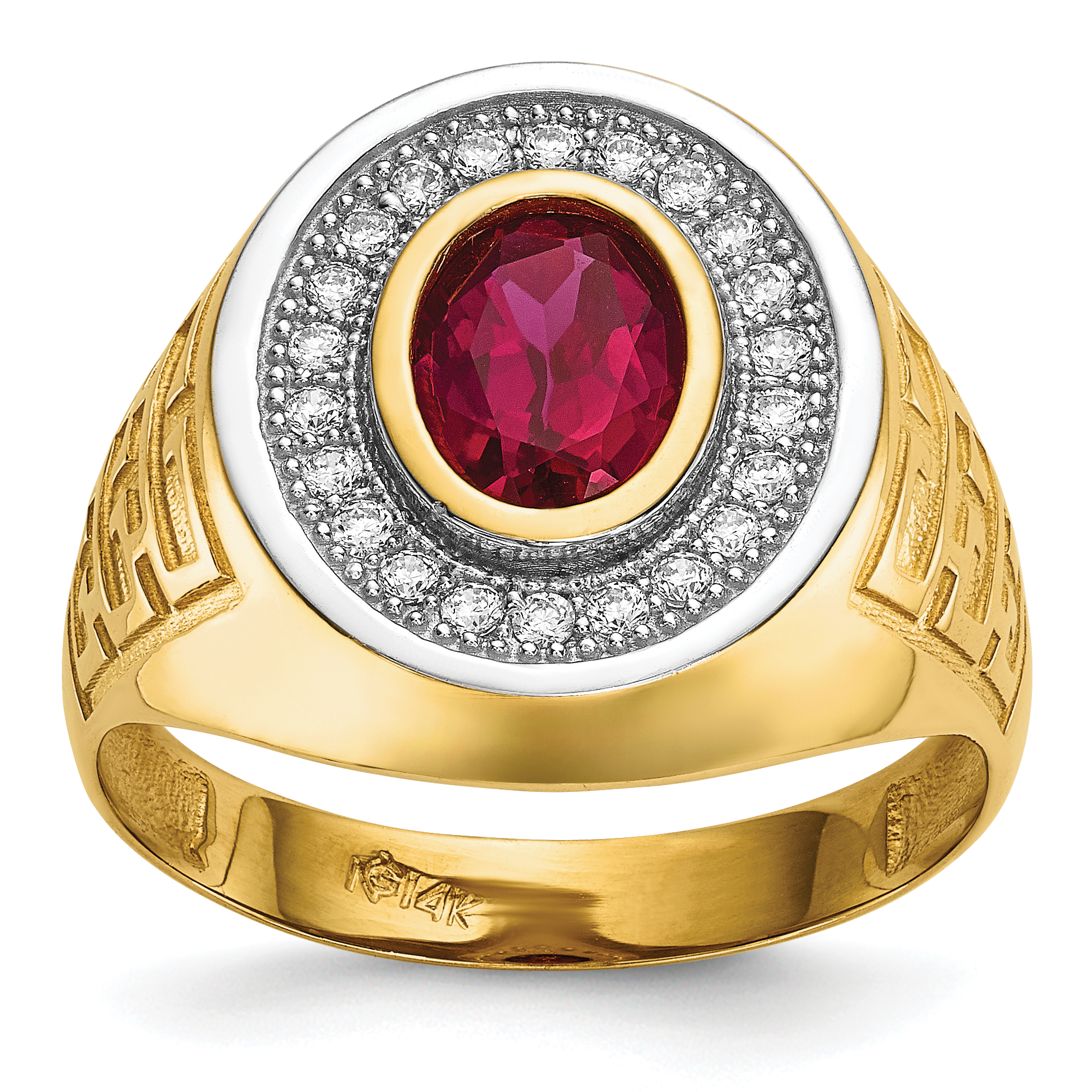 14k w/ Rhodium CZ & Oval Red CZ Mens Ring (Y13804)