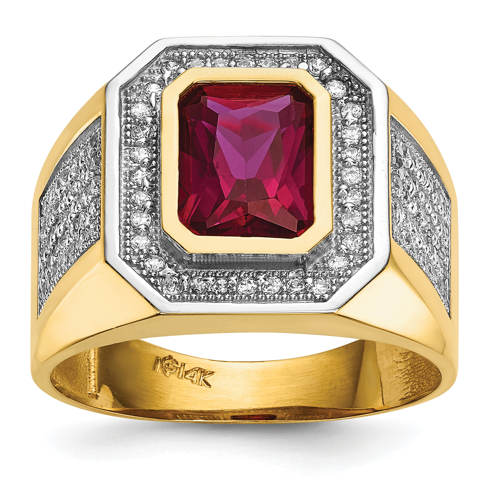 14k w/Rhodium CZ & Emerald-cut Red CZ Mens Ring (Y13806)