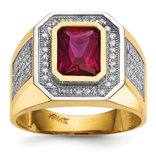 IB Goodman 14K and White Rhodium CZ and Emerald-cut Red CZ Mens Ring