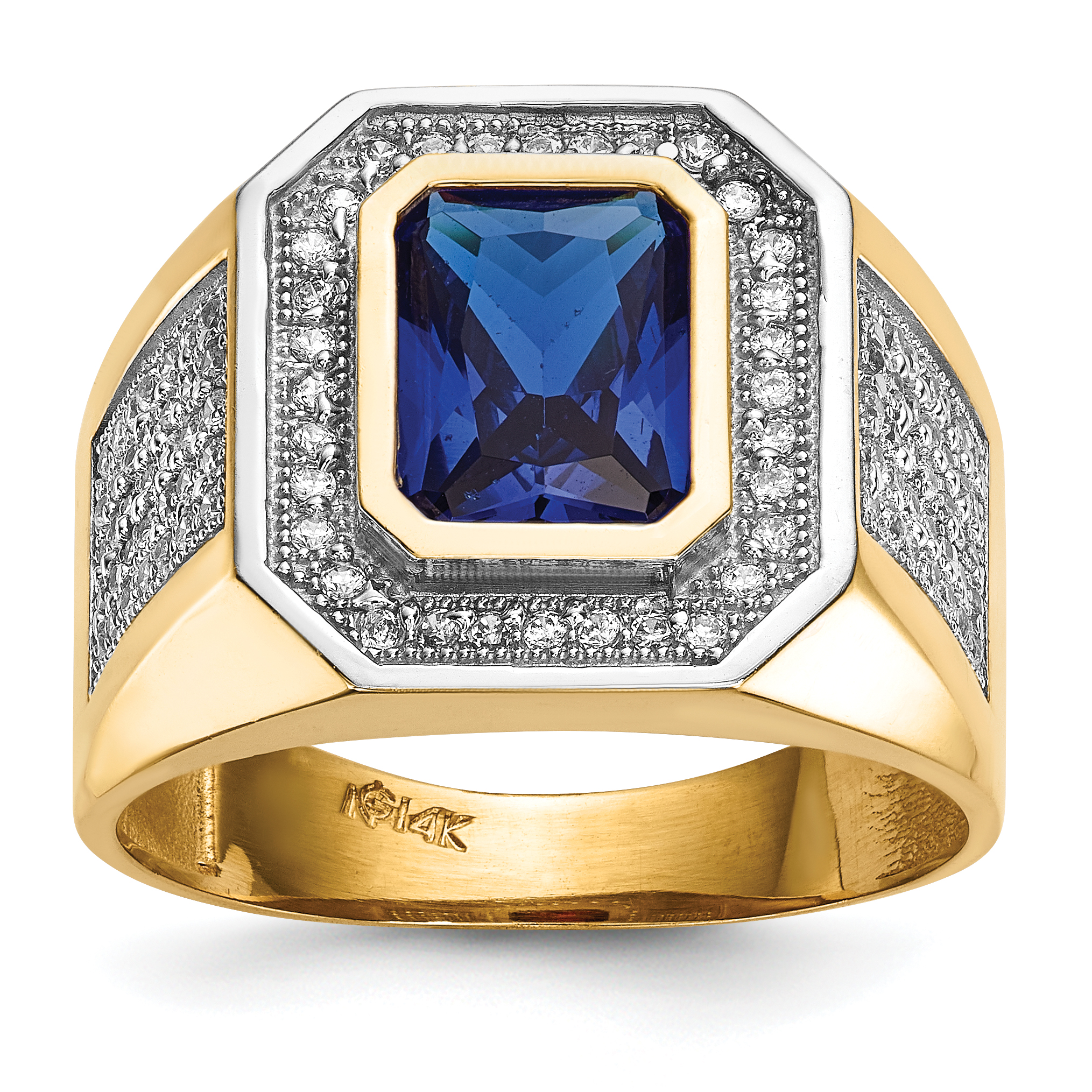 14k w/ Rhodium CZ & Emerald-cut Blue CZ Mens Ring (Y13807)