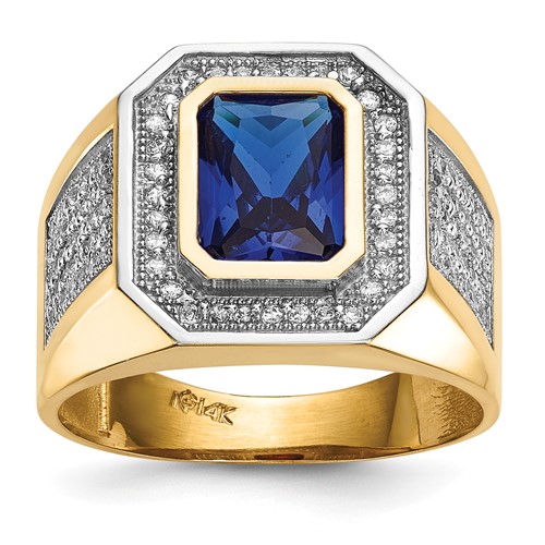 IB Goodman 14K and White Rhodium CZ and Emerald-cut Blue CZ Mens Ring