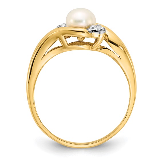 14k 5-6mm White Button Freshwater Cultured Pearl and .04 Carat Diamond Bypass Ring