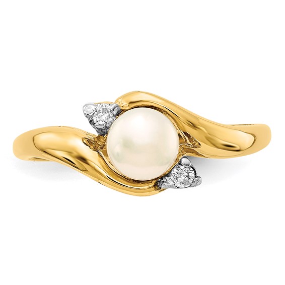 14k 5-6mm White Button Freshwater Cultured Pearl and .04 Carat Diamond Bypass Ring