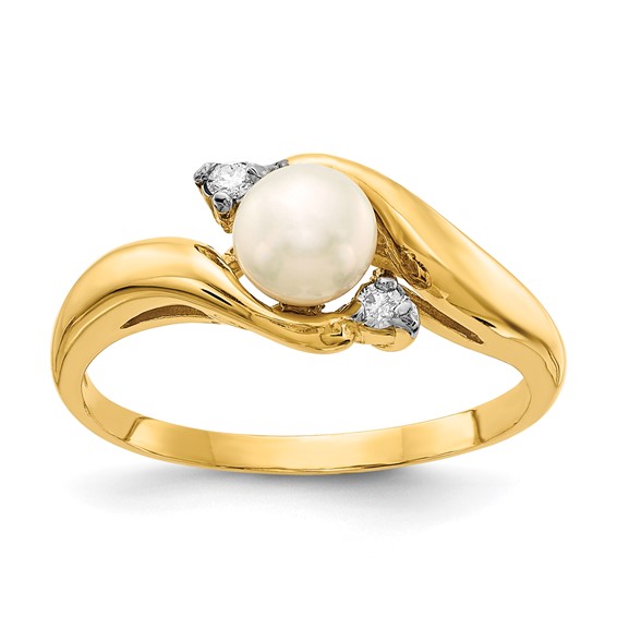 14k 5-6mm White Button Freshwater Cultured Pearl and .04 Carat Diamond Bypass Ring