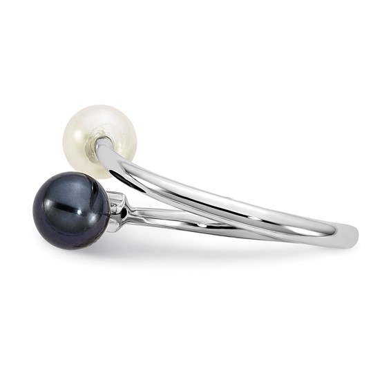 14k White Gold 5-6mm Black and White Round Akoya Saltwater Cultured Pearl and .04 Carat Diamond Adjustable Ring