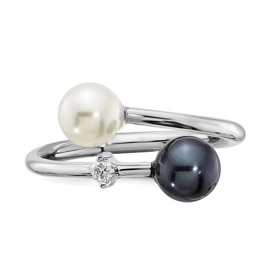 14k White Gold 5-6mm Black and White Round Akoya Saltwater Cultured Pearl and .04 Carat Diamond Adjustable Ring