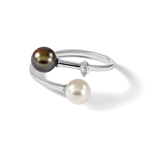 14k White Gold 5-6mm Black and White Round Akoya Saltwater Cultured Pearl and .04 Carat Diamond Adjustable Ring