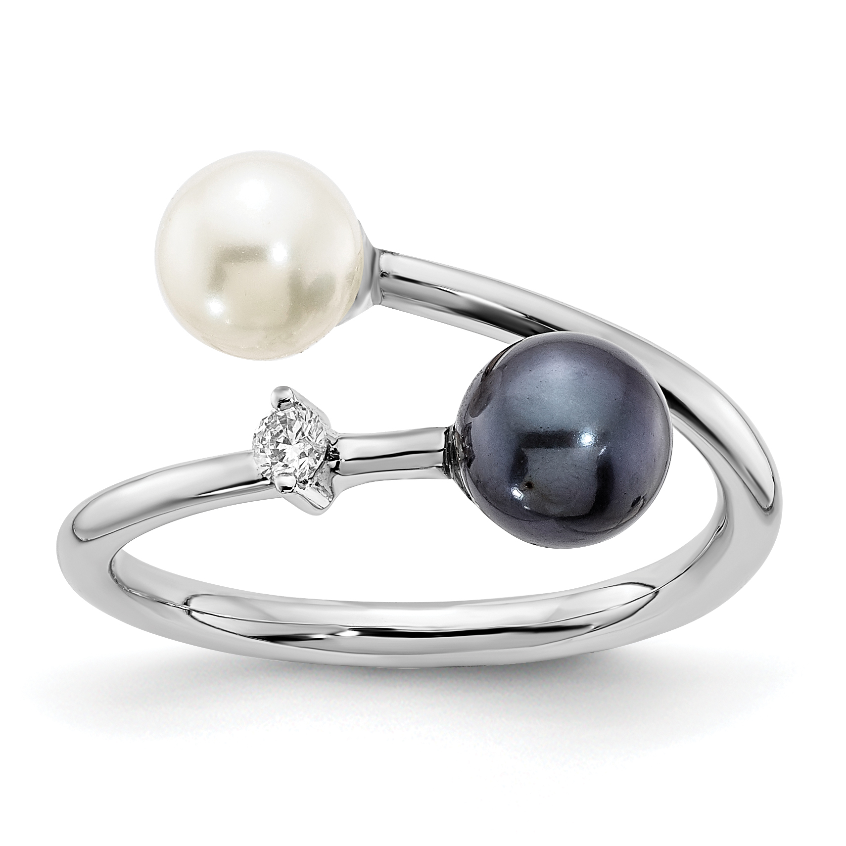 14k White Gold 5-6mm Black and White Round Akoya Saltwater Cultured Pearl and .04 Carat Diamond Adjustable Ring (Y13945PL/A)