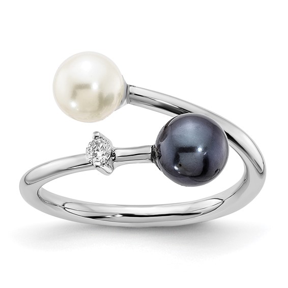 14k White Gold 5-6mm Black and White Round Akoya Saltwater Cultured Pearl and .04 Carat Diamond Adjustable Ring