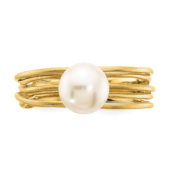 14K 7-8mm Round White Freshwater Cultured Pearl Brushed Ring