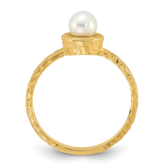 14K Brushed & Hammered 5-6mm Rnd Wht Freshwater Cultured Pearl Ring
