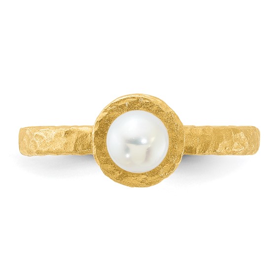 14K Brushed & Hammered 5-6mm Rnd Wht Freshwater Cultured Pearl Ring