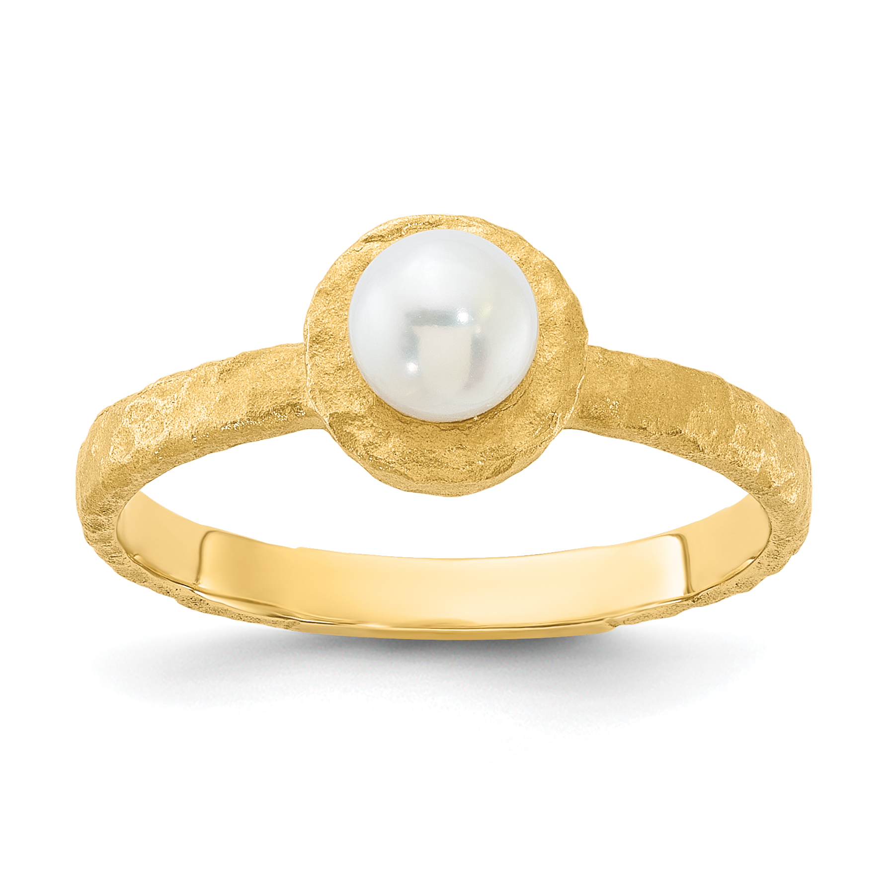 14K Brushed & Hammered 5-6mm Rnd Wht Freshwater Cultured Pearl Ring (Y13948PL)
