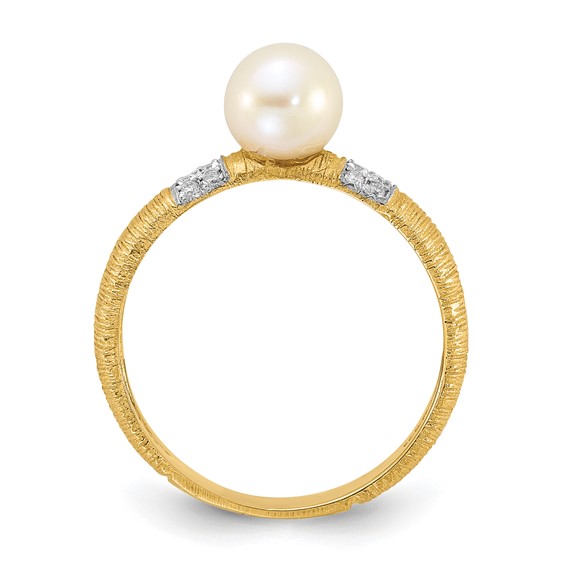 14K Textured 6-7mm Round White FWC Pearl and .09ct Diamond Ring