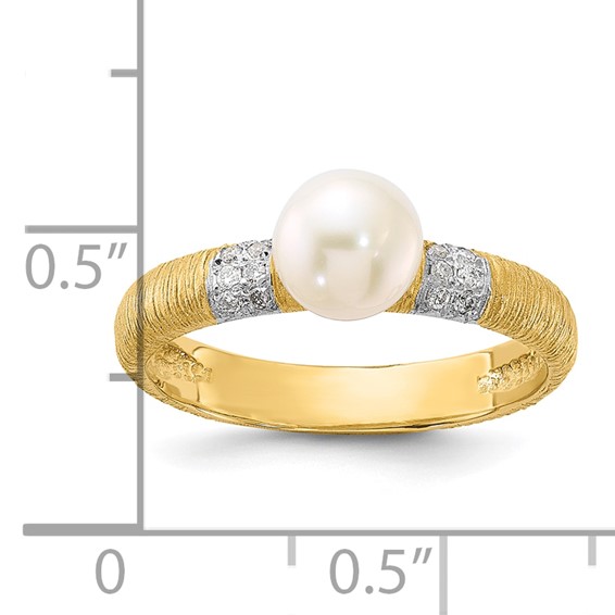 14K Textured 6-7mm Round White FWC Pearl and .09ct Diamond Ring