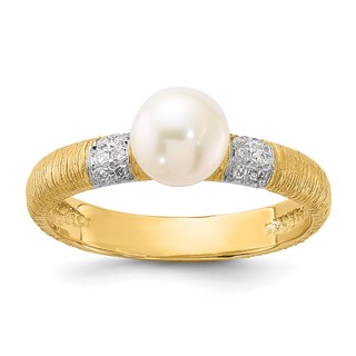 14K Textured 6-7mm Round White FWC Pearl and .09ct Diamond Ring