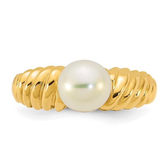 14k Polished 6-7mm Round White Freshwater Cultured Pearl Size 7 Scalloped Shank Ring
