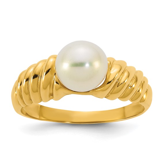 14k Polished 6-7mm Round White Freshwater Cultured Pearl Size 7 Scalloped Shank Ring