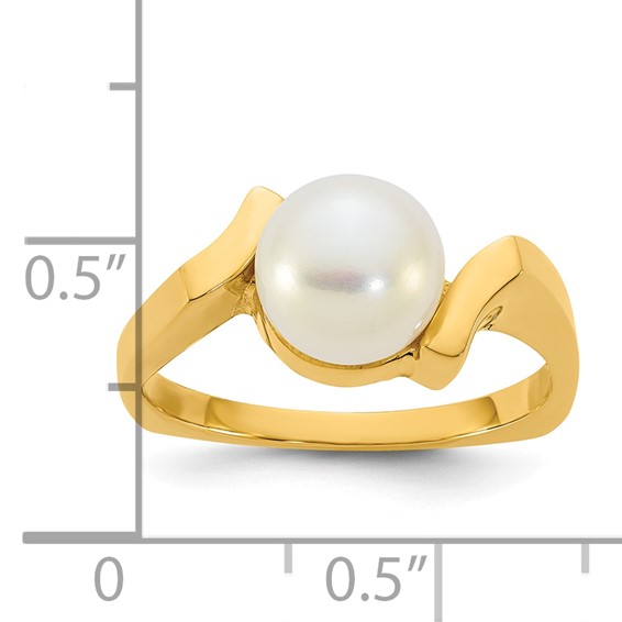 14k Polished 7-8mm Button White Freshwater Cultured Pearl Size 7 Square Shank  Ring