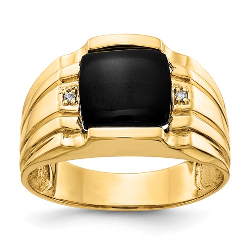 IB Goodman 14K Yellow Gold Cushion Onyx and AA Diamond Mens Ring