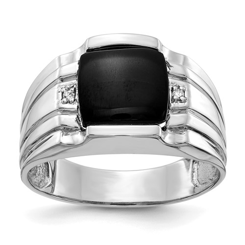 IB Goodman 14K White Gold Cushion Onyx and VS Diamond Mens Ring