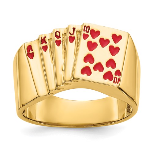 IB Goodman 14K Yellow Gold Red Enameled Royal Flush in Hearts Mens Ring