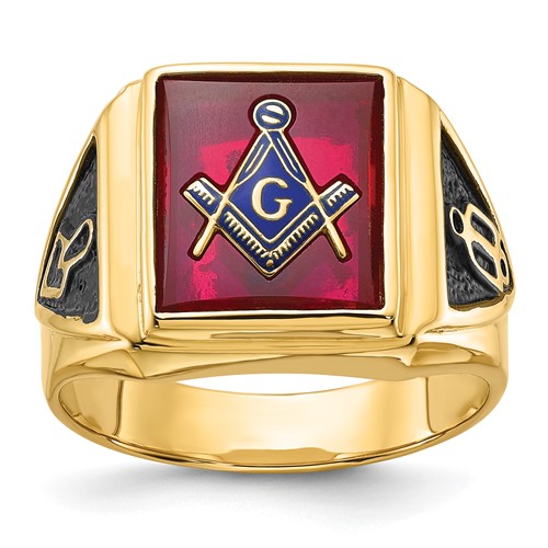 IB Goodman 14K Yellow Gold Mens Polished and Textured Ring with Black Enamel and Lab Created Ruby Masonic