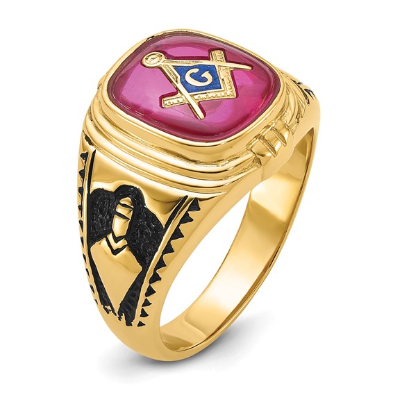 IB Goodman 14k Mens Polished and Textured Black Enamel Lab Created Ruby Masonic Ring
