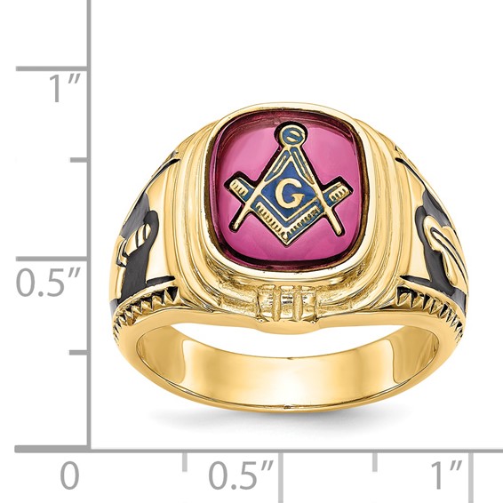 IB Goodman 14k Mens Polished and Textured Black Enamel Lab Created Ruby Masonic Ring