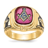 IB Goodman 14K Yellow Gold Mens Polished and Textured Black Enamel Lab Created Ruby Masonic Ring view 1