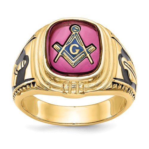 IB Goodman 14K Yellow Gold Mens Polished and Textured Black Enamel Lab Created Ruby Masonic Ring