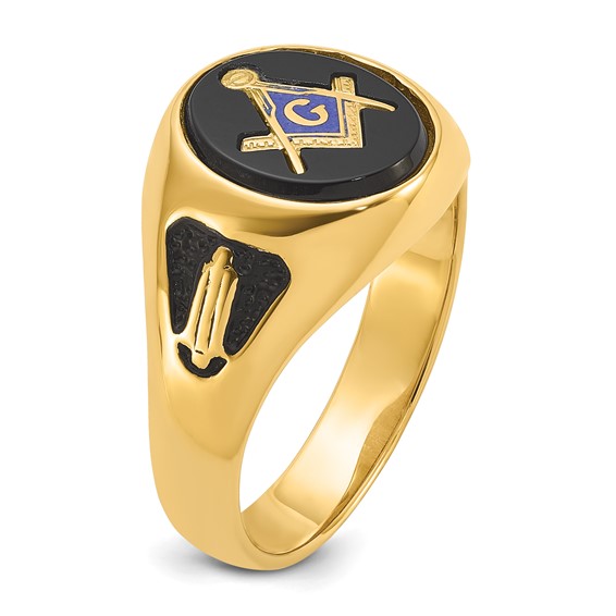 14k White Gold Men's Polished and Textured with Black Enamel and Oval Onyx Masonic Ring