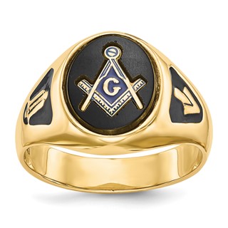 IB Goodman 14k Mens Polished and Textured with Black Enamel and Oval Onyx Masonic Ring