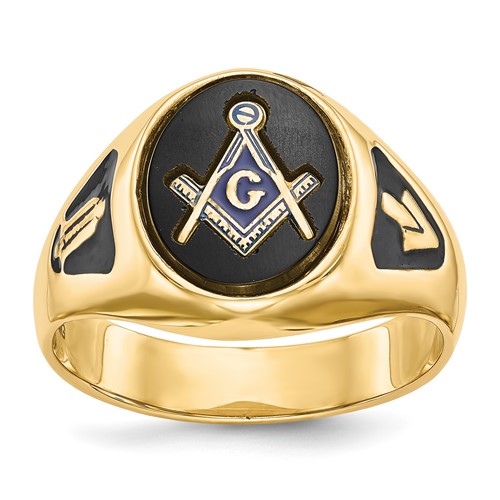 IB Goodman 14K Yellow Gold Mens Polished and Textured Ring with Black Enamel and Oval Onyx Masonic
